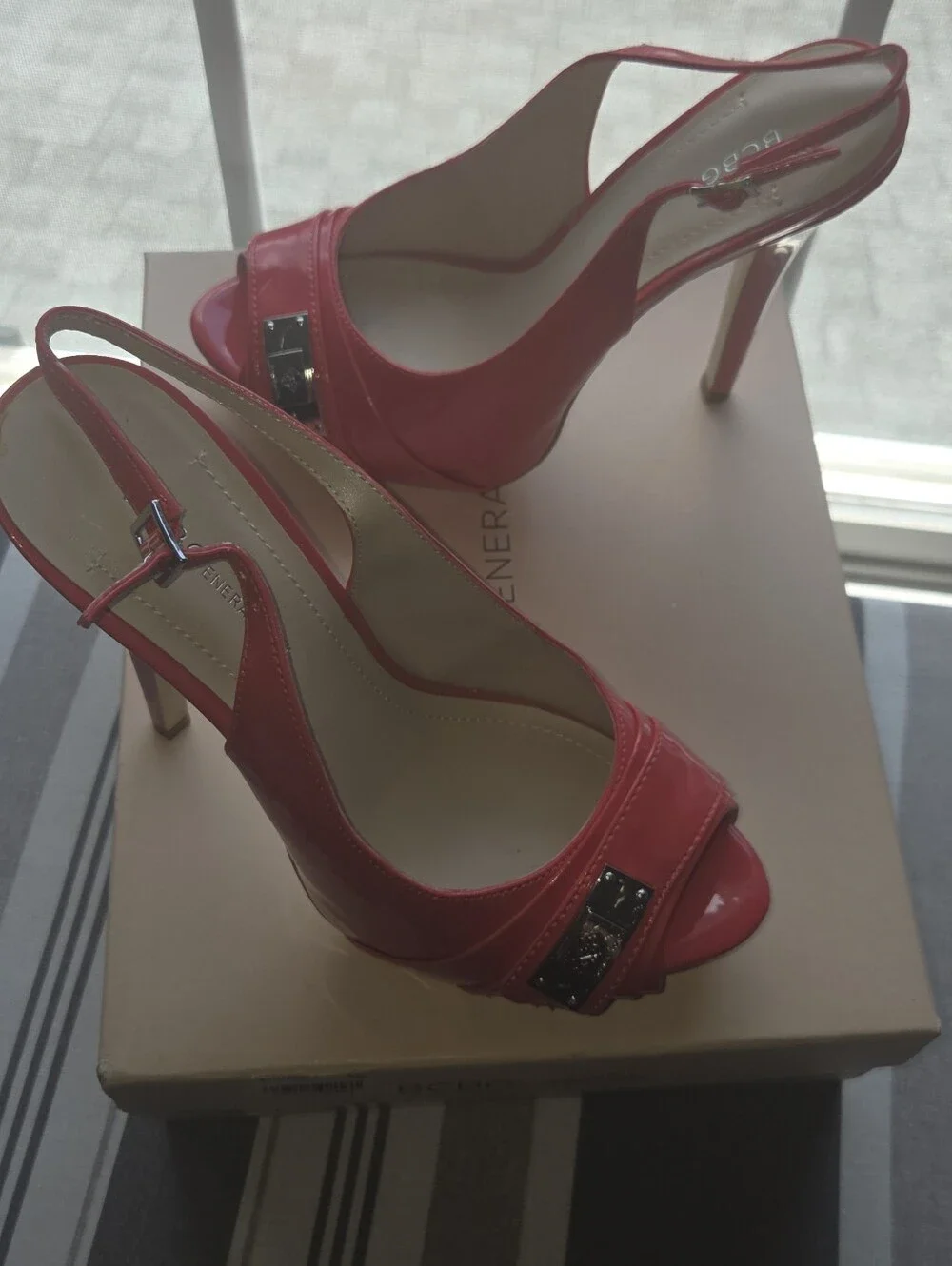 BCBGeneration Coral Pink Patent Peep-Toe Slingback Heel